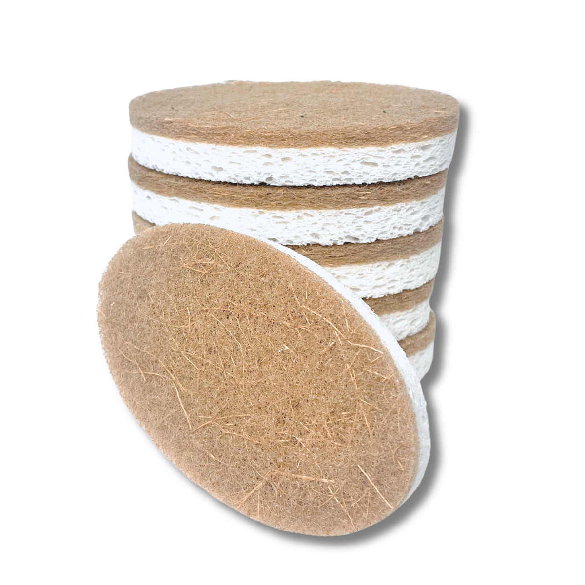 Stack of oval plant-based dish sponges on a white background.