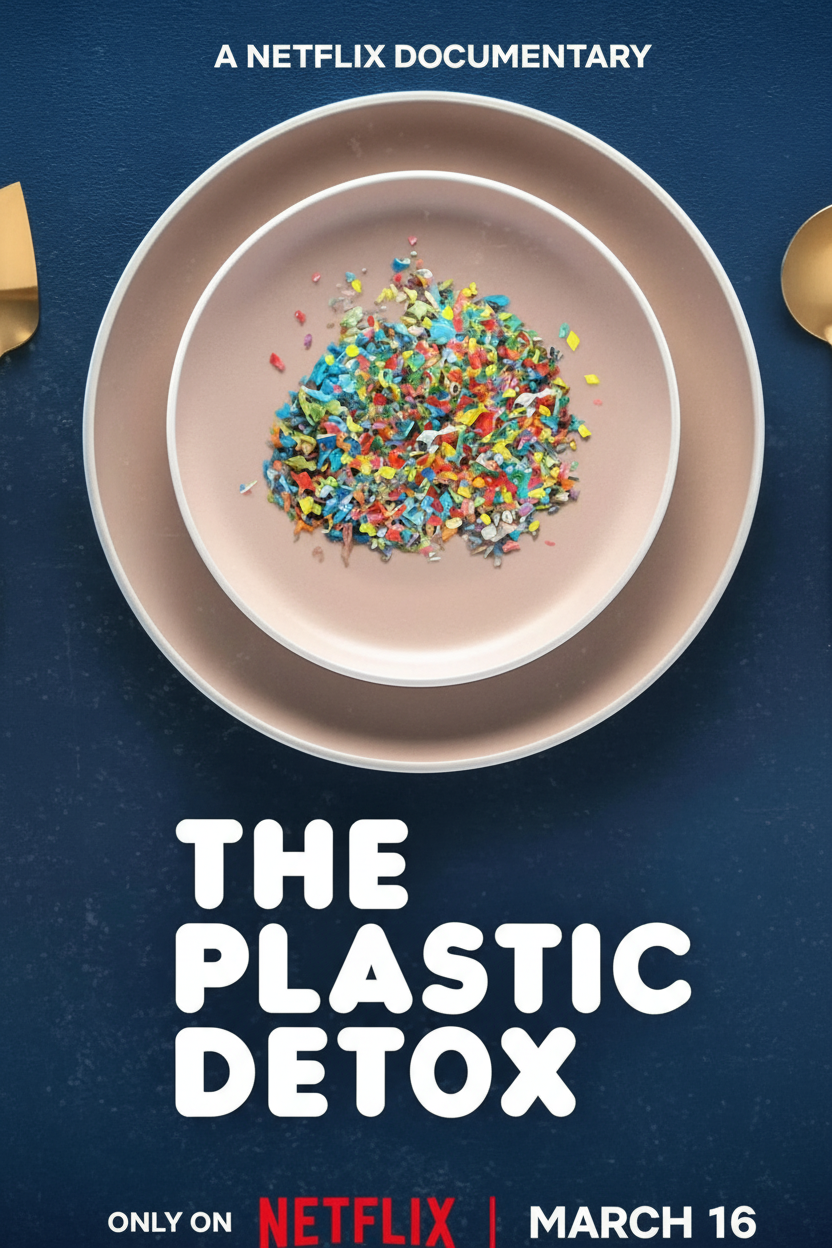 Promotional poster for 'The Plastic Detox' documentary on Netflix with a bowl of colorful plastic pieces.