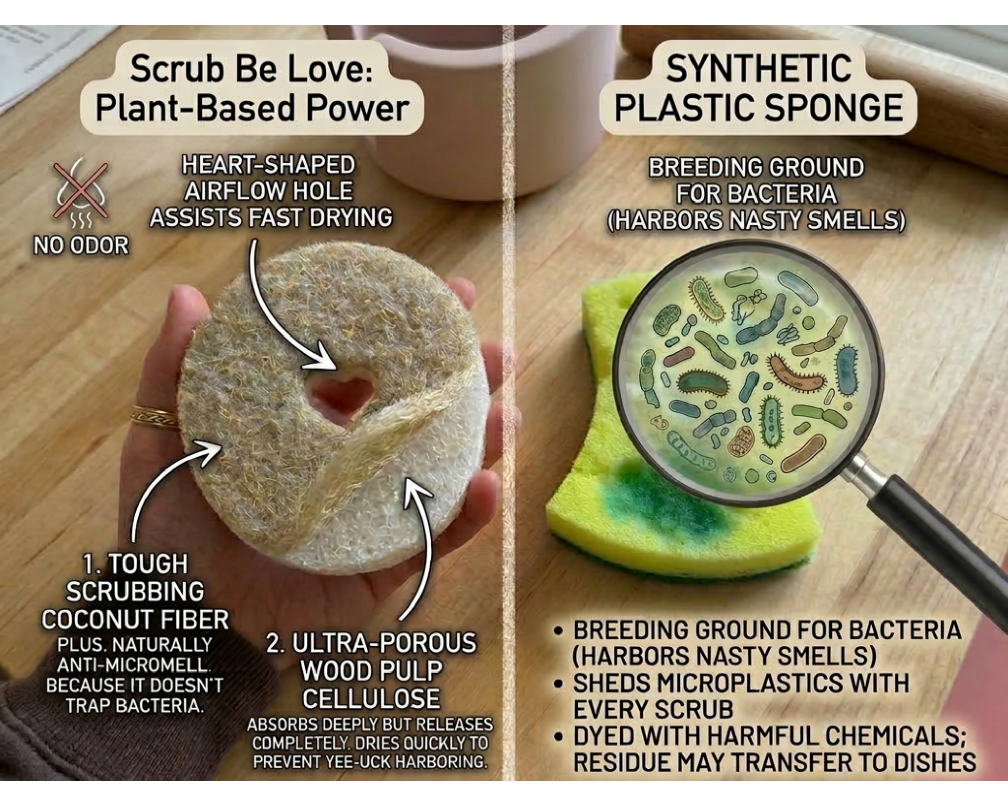 Comparison of a plant-based scrubber and a synthetic plastic sponge on a wooden surface.