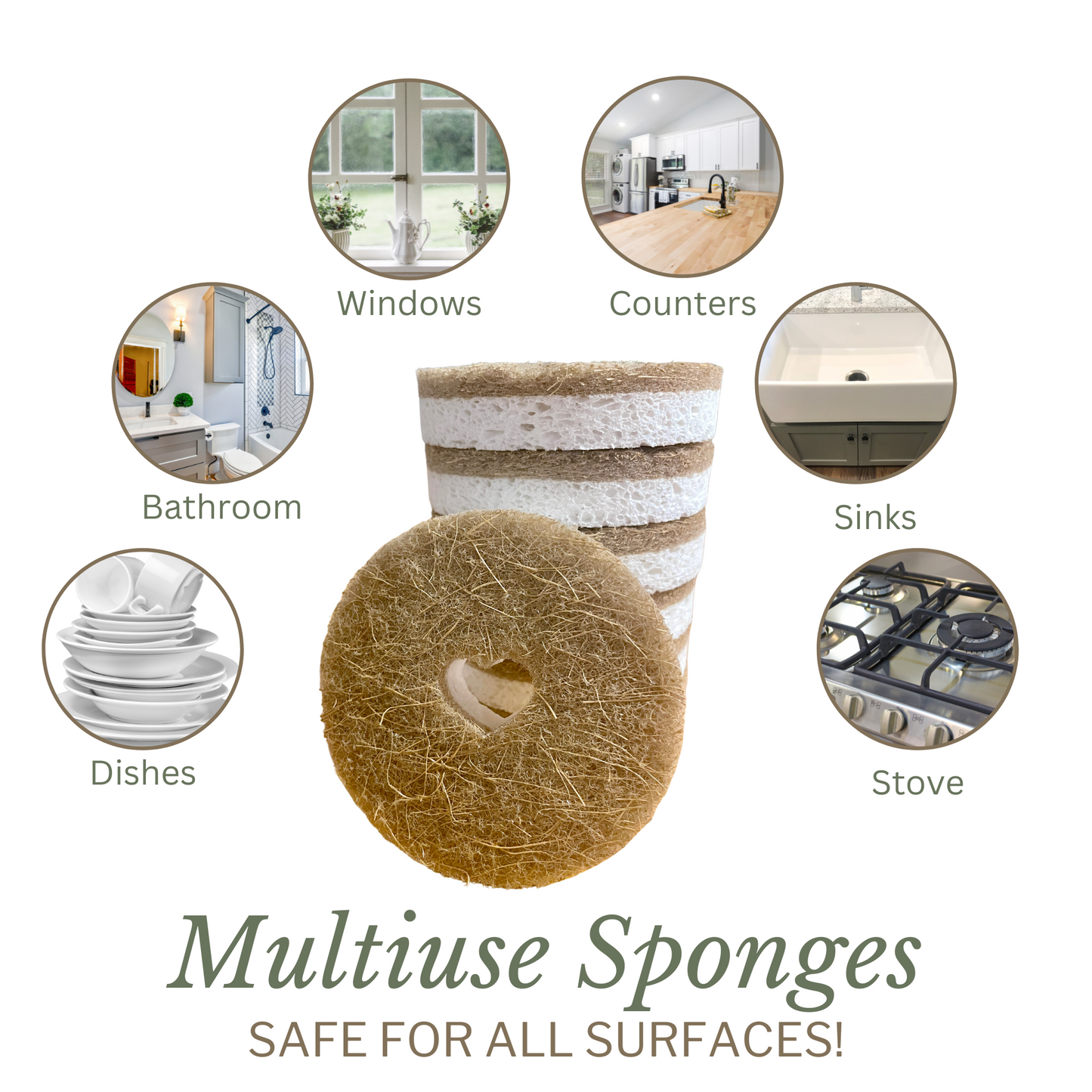 Multi-use natural kitchen sponges safe for all surfaces including ceramic, stone and glass dishes, great for cleaning bathrooms, wiping down windows, wiping down counters, scrubbing and cleaning sinks, and removing grease and grime from stainless steel and glass-tops stoves. Coconut coir scrubs much better than conventional plastic and synthetic sponges. 