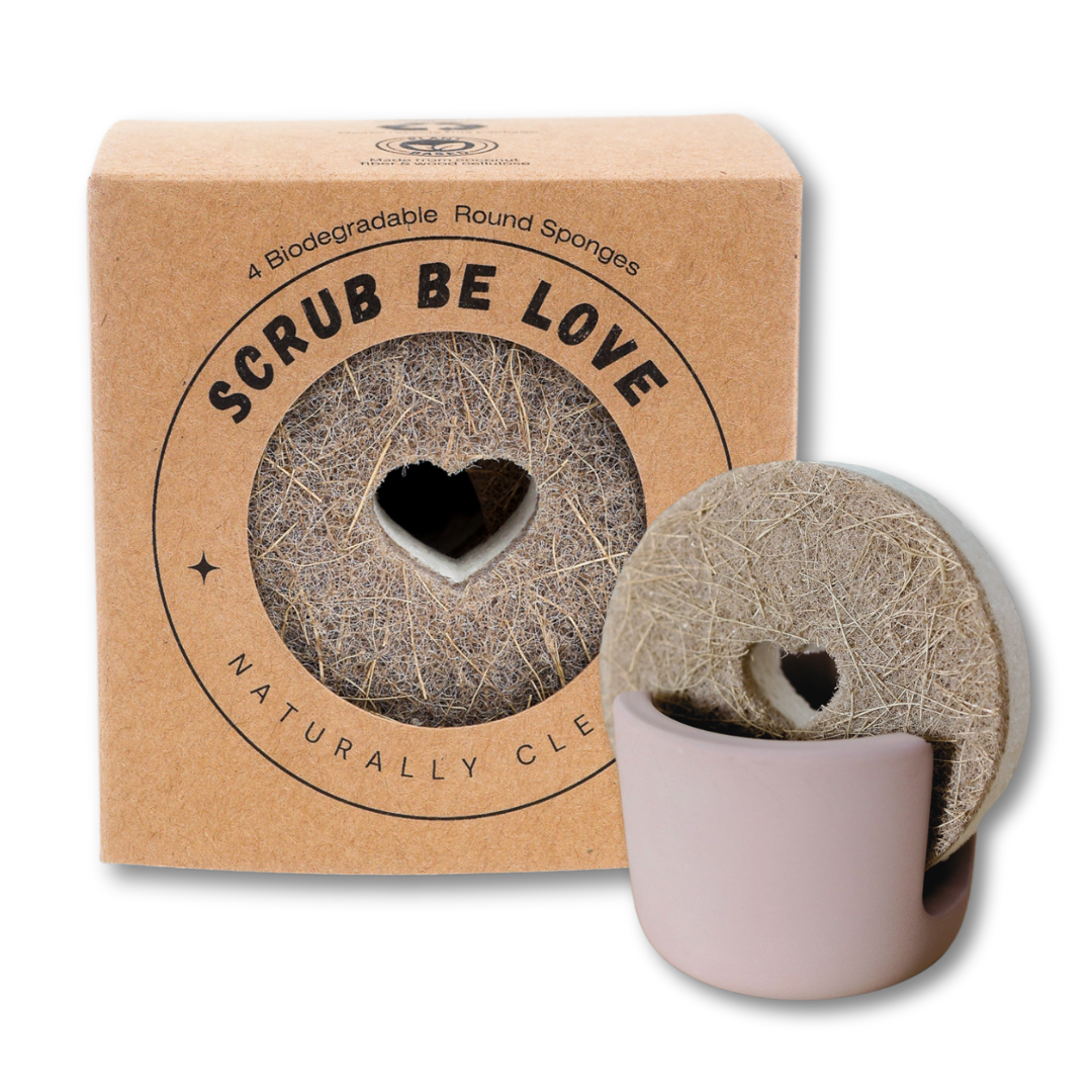 Bundle & Save- 4 pk Round Heart Cut-Out Plant-Based Sponges & Diatomite Sponge Holder