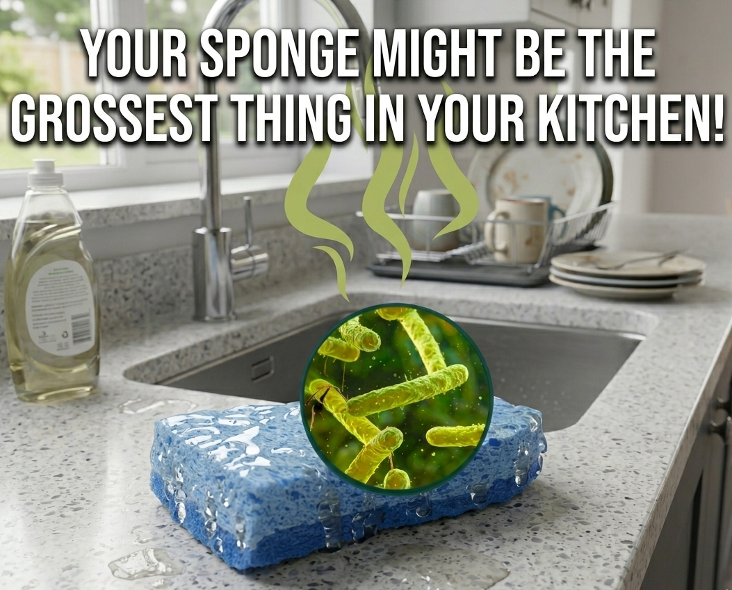 Kitchen sink with a blue sponge and a magnified view of bacteria on it, with text about the cleanliness of the sponge.